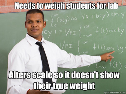 Needs to weigh students for lab Alters scale so it doesn't show their true weight  Good Guy Teacher