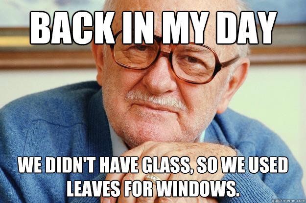 Back in my day we didn't have glass, so we used leaves for windows. - Back in my day we didn't have glass, so we used leaves for windows.  Old man