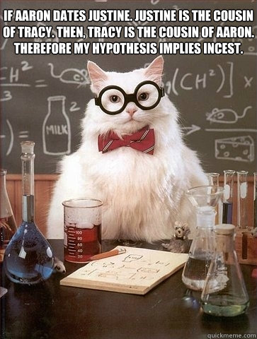 If Aaron dates Justine. Justine is the cousin of Tracy. Then, Tracy is the cousin of Aaron. Therefore my hypothesis implies incest. - If Aaron dates Justine. Justine is the cousin of Tracy. Then, Tracy is the cousin of Aaron. Therefore my hypothesis implies incest.  Chemistry Cat