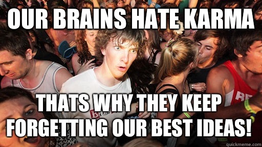 Our brains hate karma Thats why they keep forgetting our best ideas!  Sudden Clarity Clarence