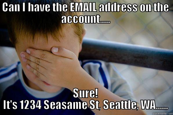 CAN I HAVE THE EMAIL ADDRESS ON THE ACCOUNT..... SURE! IT'S 1234 SEASAME ST, SEATTLE, WA...... Confession kid