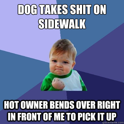 Dog takes shit on sidewalk hot owner bends over right in front of me to pick it up  Success Kid