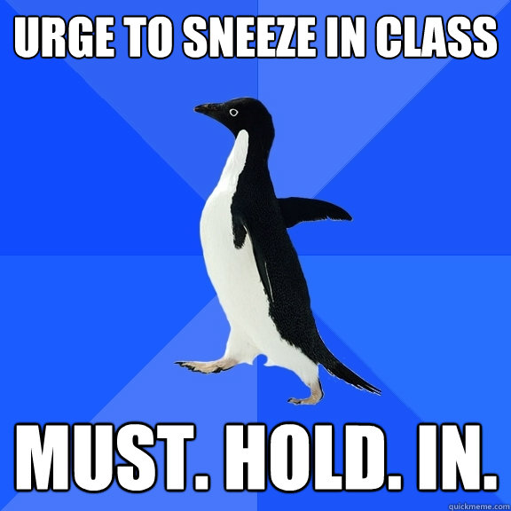 urge to sneeze in class must. hold. in.  Socially Awkward Penguin