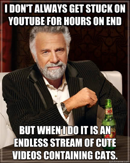 I don't always get stuck on Youtube for hours on end but when I do it is an endless stream of cute videos containing cats. - I don't always get stuck on Youtube for hours on end but when I do it is an endless stream of cute videos containing cats.  The Most Interesting Man In The World