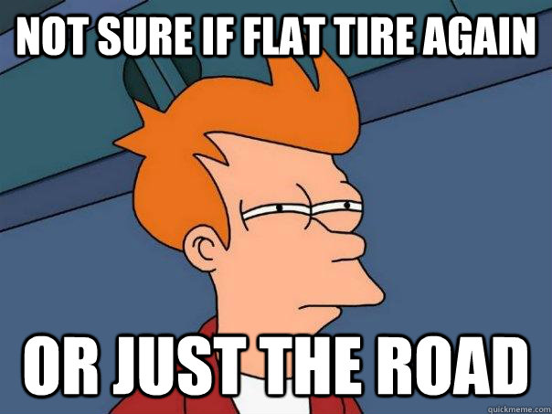 not sure if flat tire again or just the road  Futurama Fry