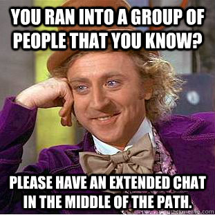 You ran into a group of people that you know? Please have an extended chat in the middle of the path.  Condescending Wonka