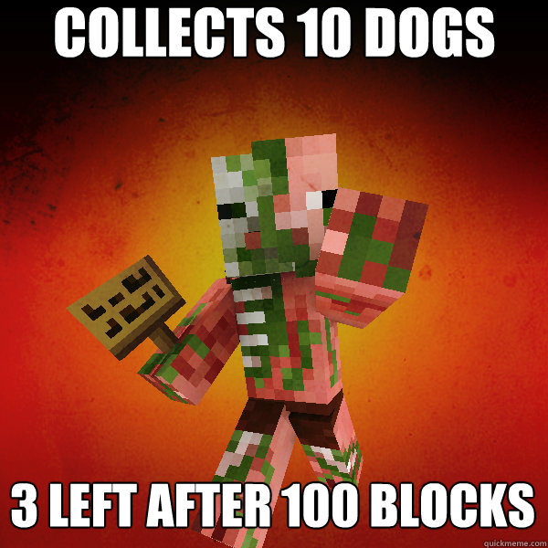 collects 10 Dogs 3 left after 100 blocks  Zombie Pigman Zisteau