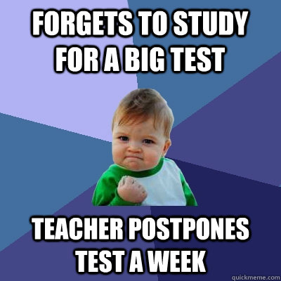 forgets to study for a big test teacher postpones test a week - forgets to study for a big test teacher postpones test a week  Success Kid