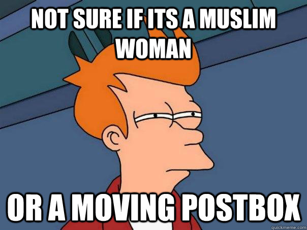 not sure if its a Muslim woman or a moving postbox  Futurama Fry