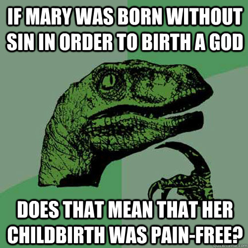 If Mary was born without sin in order to birth a god Does that mean that her childbirth was pain-free?  Philosoraptor