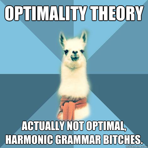 Optimality theory Actually not optimal, harmonic grammar bitches.  Linguist Llama