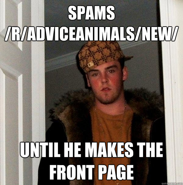 Spams /r/AdviceAnimals/new/ until he makes the front page  Scumbag Steve