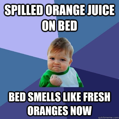 Spilled orange juice on bed Bed smells like fresh oranges now  Success Kid