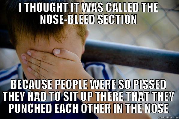 I THOUGHT IT WAS CALLED THE NOSE-BLEED SECTION BECAUSE PEOPLE WERE SO PISSED THEY HAD TO SIT UP THERE THAT THEY PUNCHED EACH OTHER IN THE NOSE Confession kid