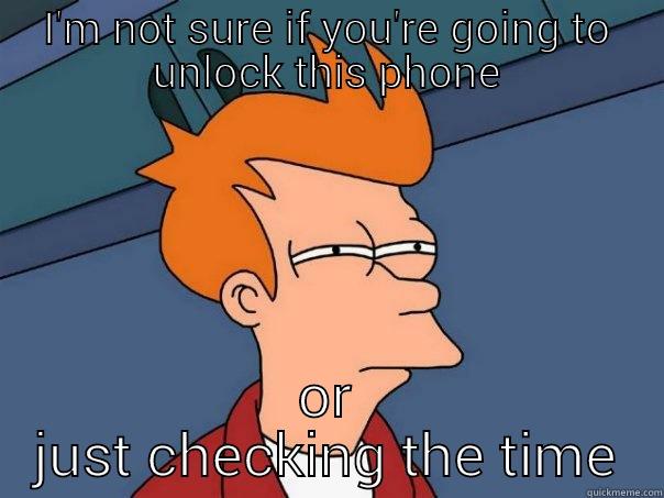 I'M NOT SURE IF YOU'RE GOING TO UNLOCK THIS PHONE OR JUST CHECKING THE TIME Futurama Fry