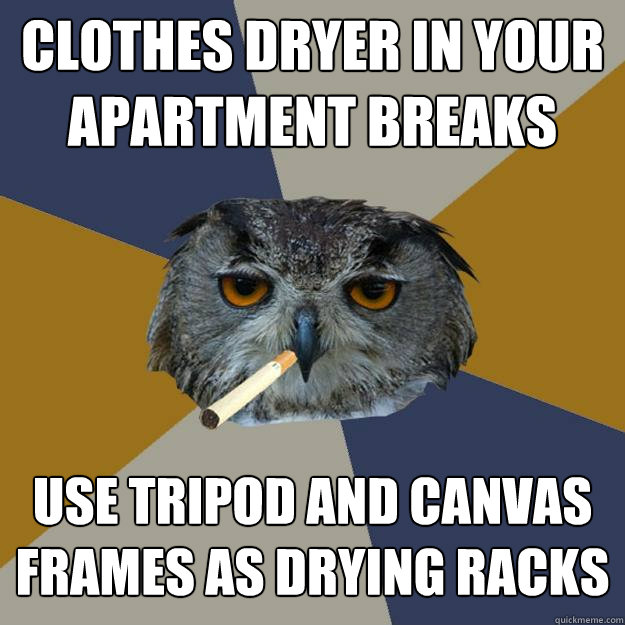 clothes dryer in your apartment breaks use tripod and canvas frames as drying racks - clothes dryer in your apartment breaks use tripod and canvas frames as drying racks  Art Student Owl