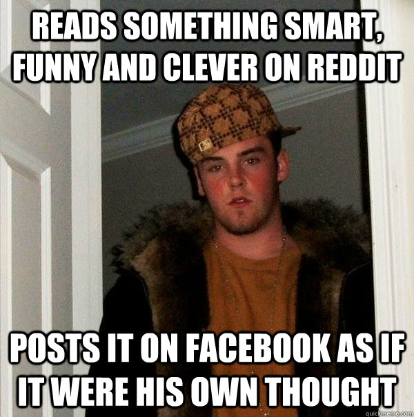 reads something smart, funny and clever on reddit posts it on facebook as if it were his own thought  Scumbag Steve