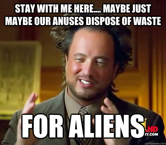 Stay with me here.... maybe just maybe our anuses dispose of waste for aliens  Ancient Aliens