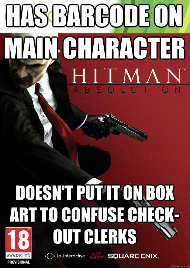 Has barcode on main character Doesn't put it on box art to confuse check-out clerks - Has barcode on main character Doesn't put it on box art to confuse check-out clerks  Good Guy Hitman Artists