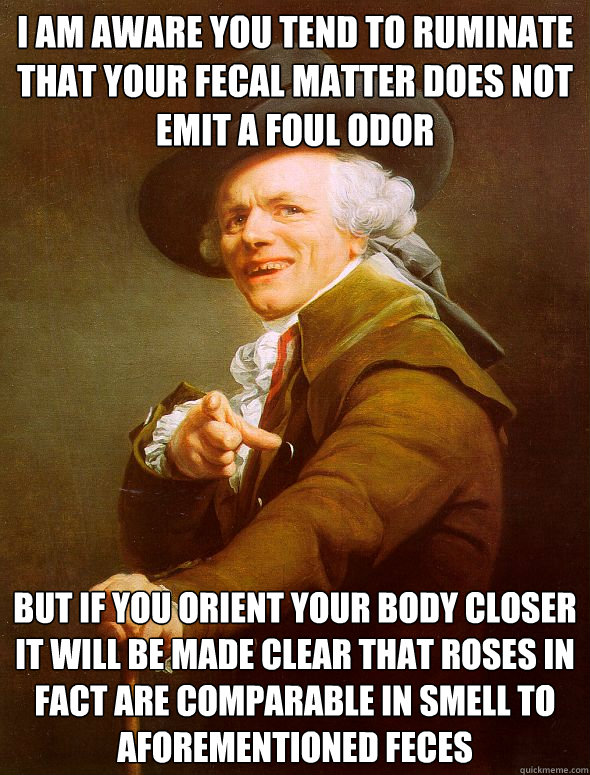 i am aware you tend to ruminate that your fecal matter does not emit a foul odor but if you orient your body closer it will be made clear that roses in fact are comparable in smell to aforementioned feces  Joseph Ducreux