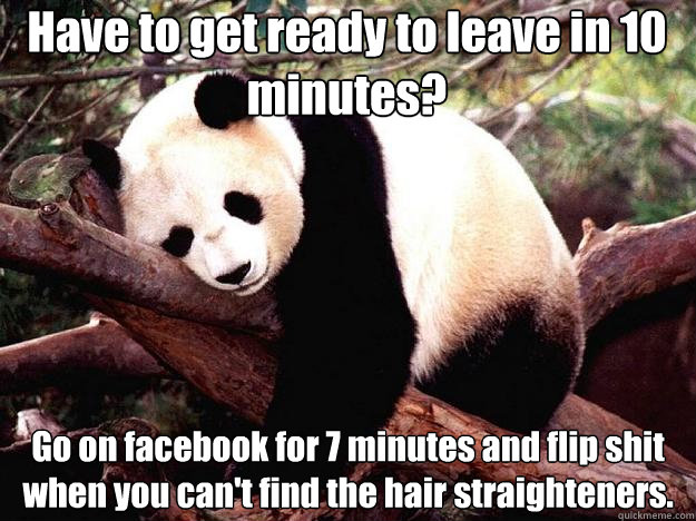 Have to get ready to leave in 10 minutes? Go on facebook for 7 minutes and flip shit when you can't find the hair straighteners.  Procrastination Panda