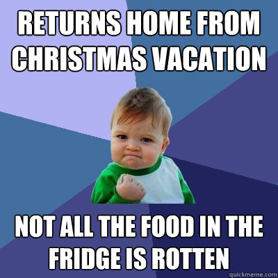 Returns home from christmas vacation not all the food in the fridge is rotten  Success Kid