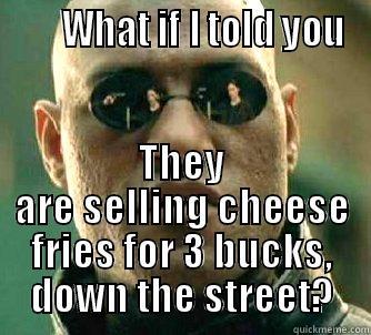       WHAT IF I TOLD YOU THEY ARE SELLING CHEESE FRIES FOR 3 BUCKS, DOWN THE STREET? Matrix Morpheus