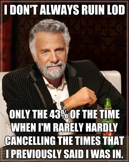 I don't always ruin LoD Only the 43% of the time when I'm rarely hardly cancelling the times that I previously said I was in.  The Most Interesting Man In The World