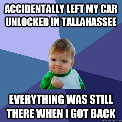 accidentally Left my car unlocked in Tallahassee everything was still there when i got back  Success Kid