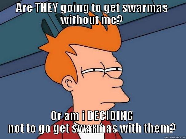 ARE THEY GOING TO GET SWARMAS WITHOUT ME? OR AM I DECIDING NOT TO GO GET SWARMAS WITH THEM? Futurama Fry