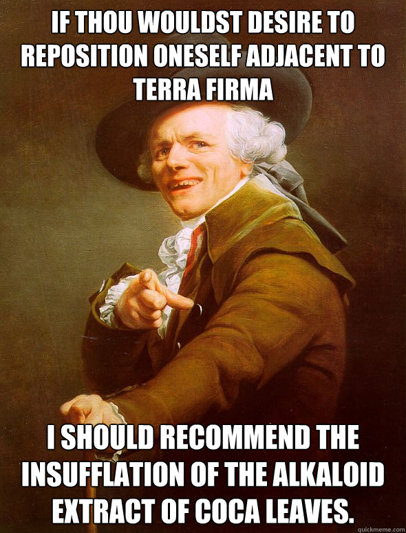 If thou wouldst desire to reposition oneself adjacent to terra firma I should recommend the insufflation of the alkaloid extract of coca leaves.  Joseph Ducreux