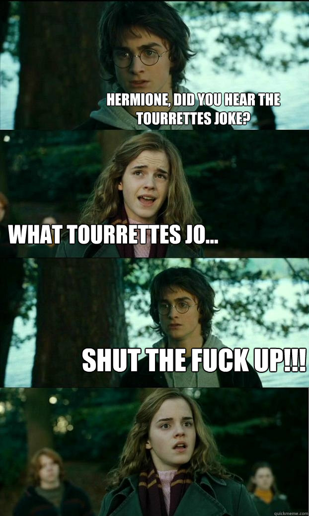 Hermione, did you hear the tourrettes joke? What tourrettes jo... SHUT THE FUCK UP!!!  Horny Harry