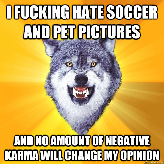 I fucking Hate Soccer and pet pictures And no amount of negative karma will change my opinion   Courage Wolf