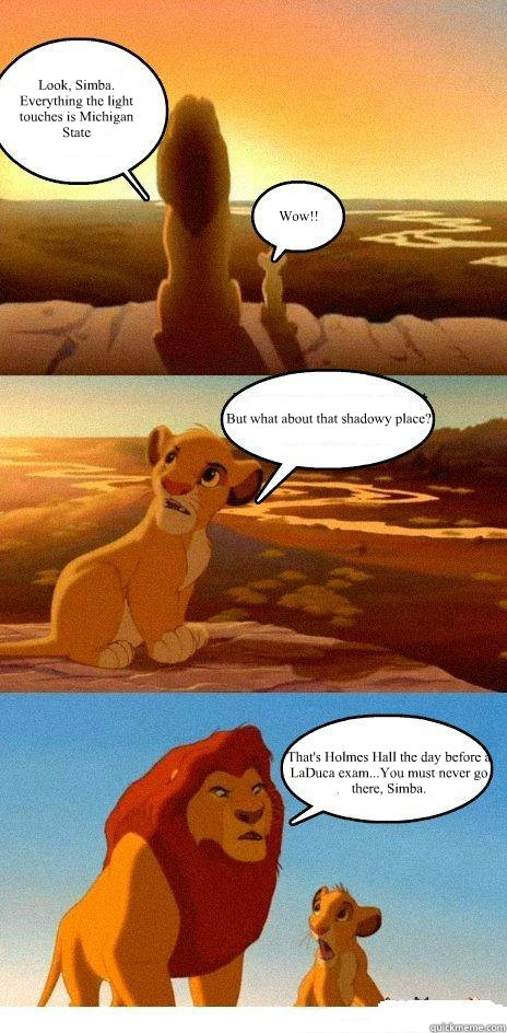 Look, Simba. Everything the light touches is Michigan State Wow!!  But what about that shadowy place? That's Holmes Hall the day before a LaDuca exam...You must never go there, Simba.   Simba Learns