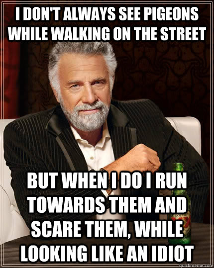 I don't always see pigeons while walking on the street but when I do I run towards them and scare them, while looking like an idiot  The Most Interesting Man In The World