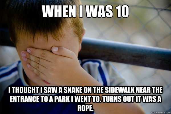 When I was 10 I thought I saw a snake on the sidewalk near the entrance to a park I went to. Turns out it was a rope. - When I was 10 I thought I saw a snake on the sidewalk near the entrance to a park I went to. Turns out it was a rope.  Misc