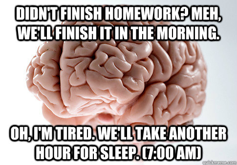 DIDN'T FINISH HOMEWORK? MEH, WE'LL FINISH IT IN THE MORNING. OH, I'M TIRED. WE'LL TAKE ANOTHER HOUR FOR SLEEP. (7:00 AM)  Scumbag Brain