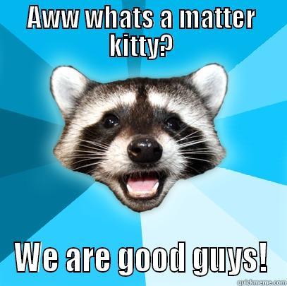 AWW WHATS A MATTER KITTY? WE ARE GOOD GUYS! Lame Pun Coon