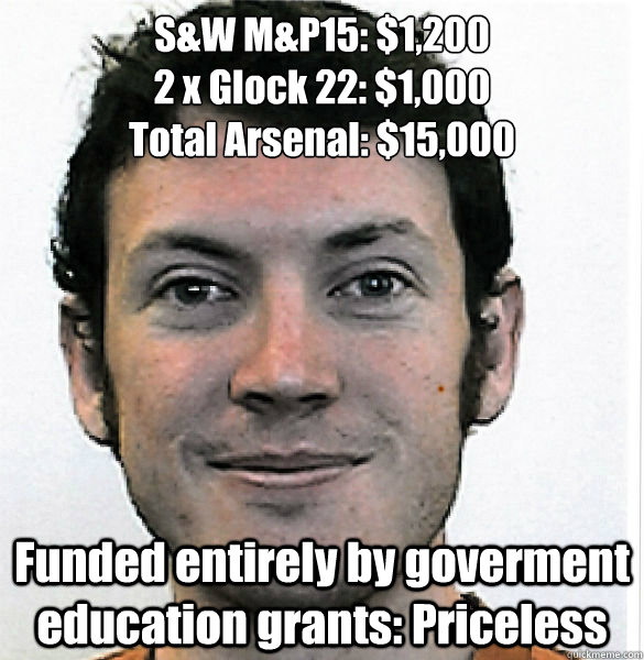 S&W M&P15: $1,200
2 x Glock 22: $1,000
Total Arsenal: $15,000
 Funded entirely by goverment education grants: Priceless - S&W M&P15: $1,200
2 x Glock 22: $1,000
Total Arsenal: $15,000
 Funded entirely by goverment education grants: Priceless  James Holmes