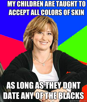 My children are taught to accept all colors of skin As long as they dont date any of the blacks  Sheltering Suburban Mom