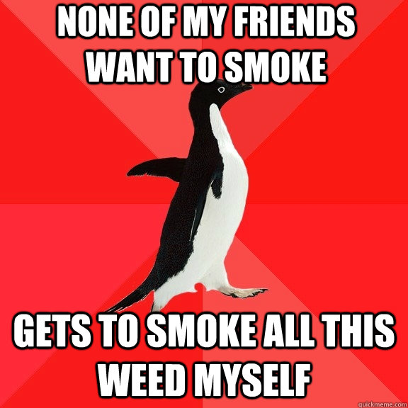 None of my friends want to smoke  Gets to smoke all this weed myself   Socially Awesome Penguin