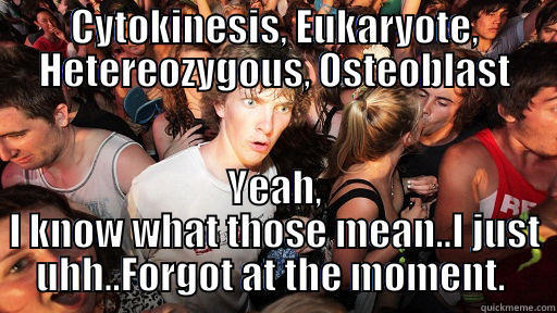 CYTOKINESIS, EUKARYOTE, HETEREOZYGOUS, OSTEOBLAST YEAH, I KNOW WHAT THOSE MEAN..I JUST UHH..FORGOT AT THE MOMENT.  Sudden Clarity Clarence