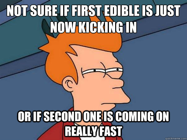 Not sure if first edible is just now kicking in or if second one is coming on really fast  Futurama Fry