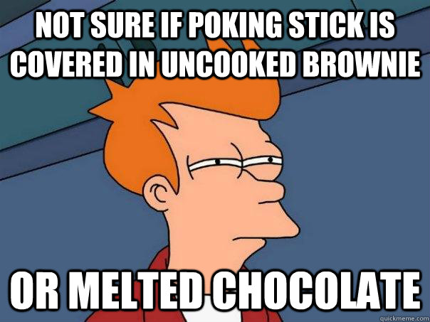 Not sure if poking stick is covered in uncooked brownie or melted chocolate  Futurama Fry