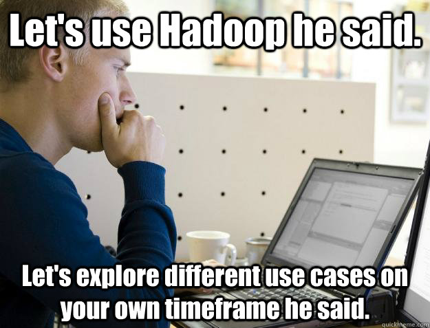 Let's use Hadoop he said. Let's explore different use cases on your own timeframe he said. - Let's use Hadoop he said. Let's explore different use cases on your own timeframe he said.  Programmer