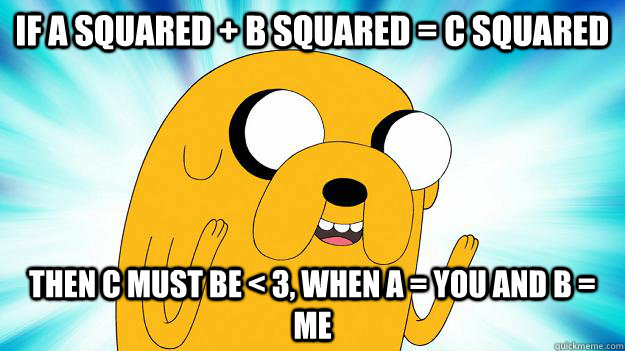 If A squared + B squared = C squared Then C must be < 3, when A = you and B = Me  Jake The Dog