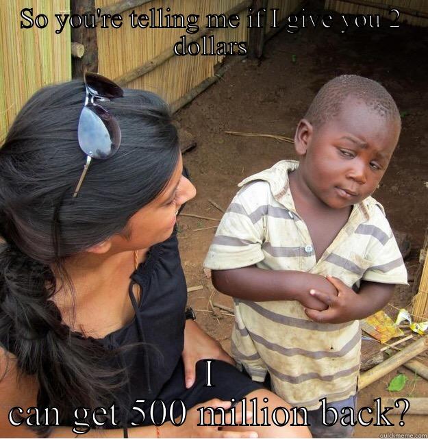 SO YOU'RE TELLING ME IF I GIVE YOU 2 DOLLARS I CAN GET 500 MILLION BACK? Skeptical Third World Kid