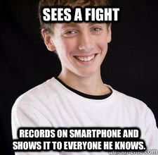 sees a fight records on smartphone and shows it to everyone he knows.  High School Freshman