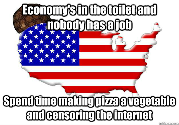 Economy's in the toilet and nobody has a job Spend time making pizza a vegetable and censoring the internet  Scumbag america