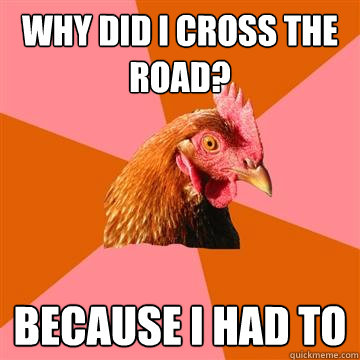 Why did I cross the road? Because I had to - Why did I cross the road? Because I had to  Anti-Joke Chicken